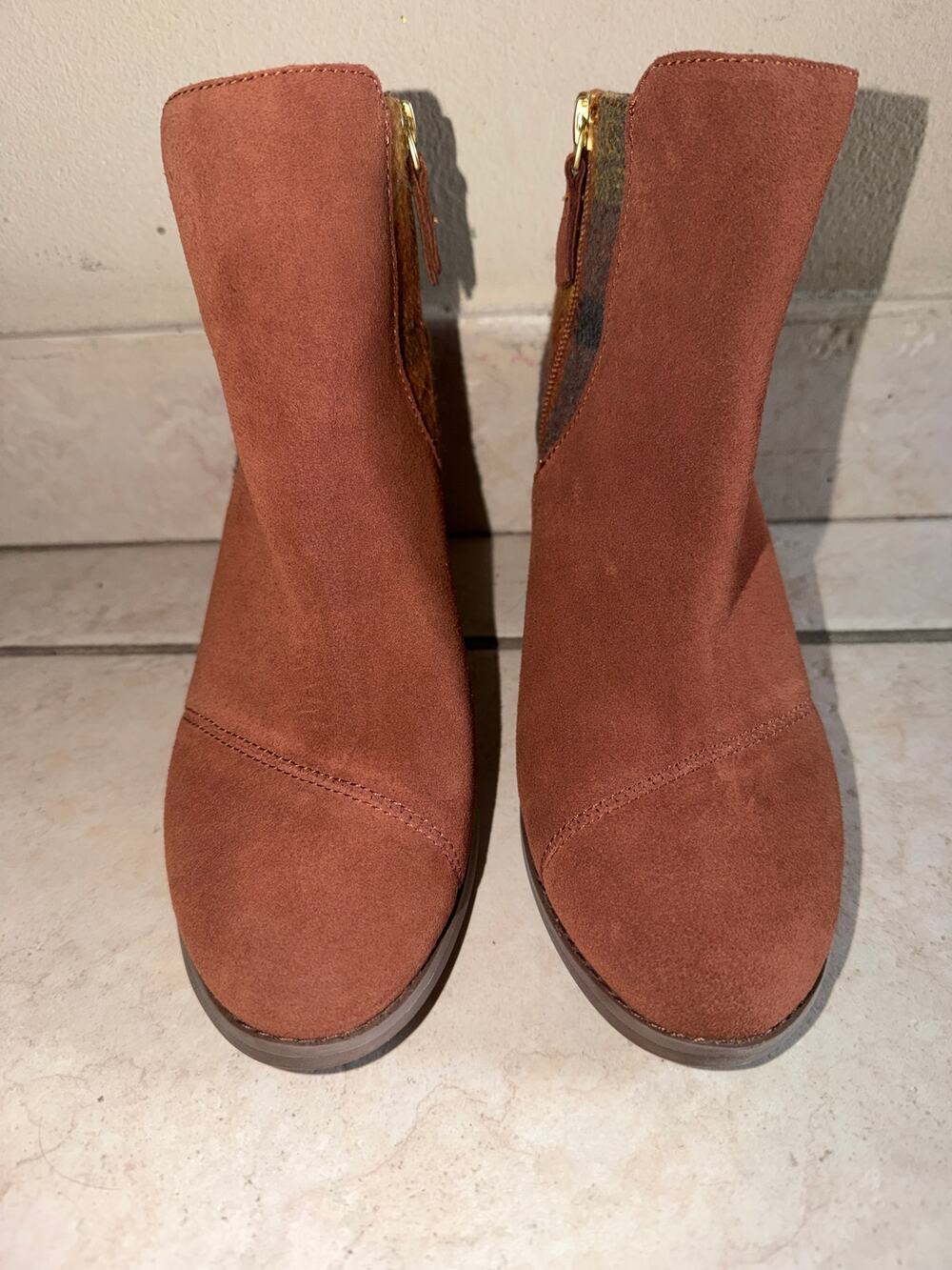 TOMS Plaid Wedge Ankle Booties Brown Suede | Women’s 7.5